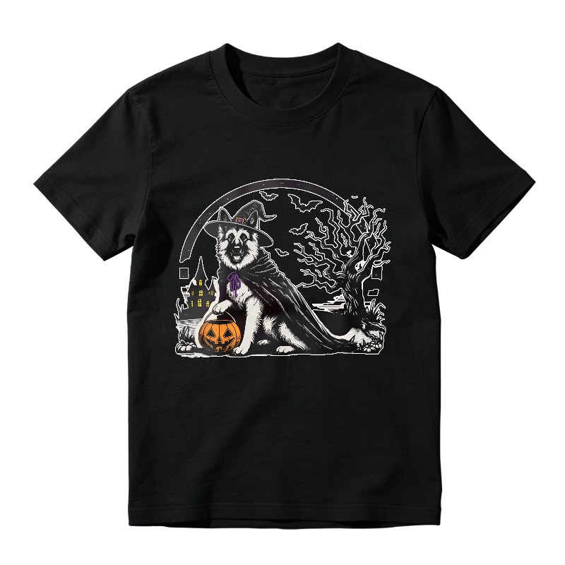 Halloween German Shepherd Witch Hat Pumpkin Bat Haunted House Graphic, Unisex Classic T-shirt
