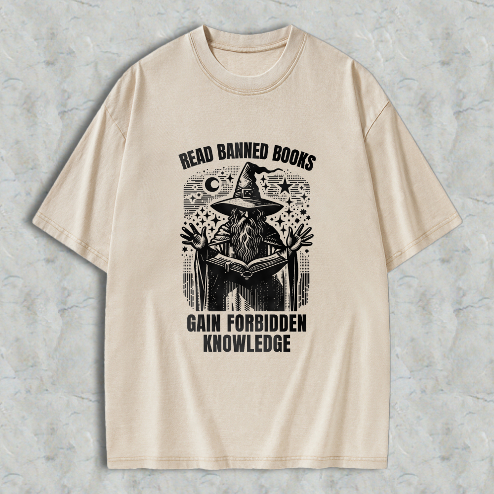 Wardrobecart Read Banned Books Gain Forbidden Knowledge Wizard With Open Book And Stars Unisex Washed T-shirt