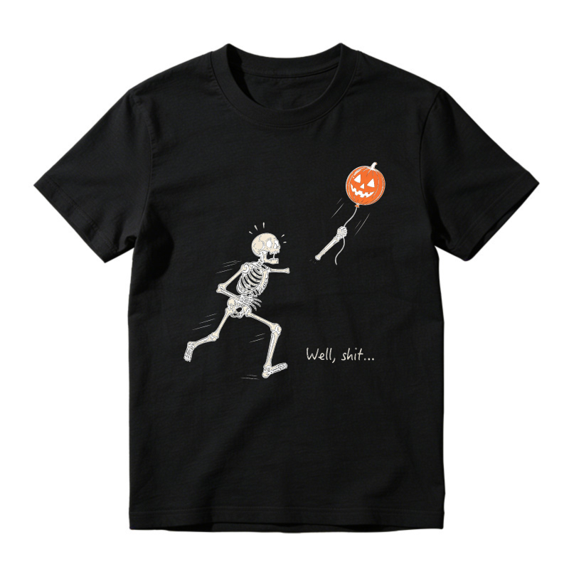 Skeleton Running From Pumpkin Balloon With Well Shit Text Unisex Classic T-shirt