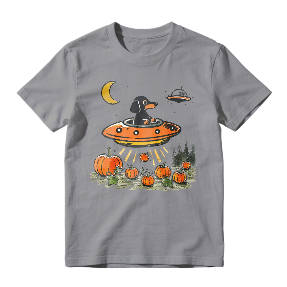 Dachshund In Ufo Flying Over Pumpkin Patch With Moon And Spaceship, Unisex Classic T-shirt
