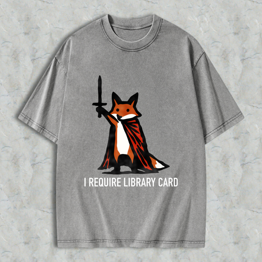 Wardrobecart Fox With Cape And Text I Require Library Card Unisex Washed T-shirt