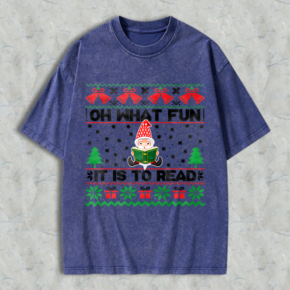Wardrobecart Christmas Elf Reading Book With Trees And Gifts Pattern Unisex Washed T-shirt