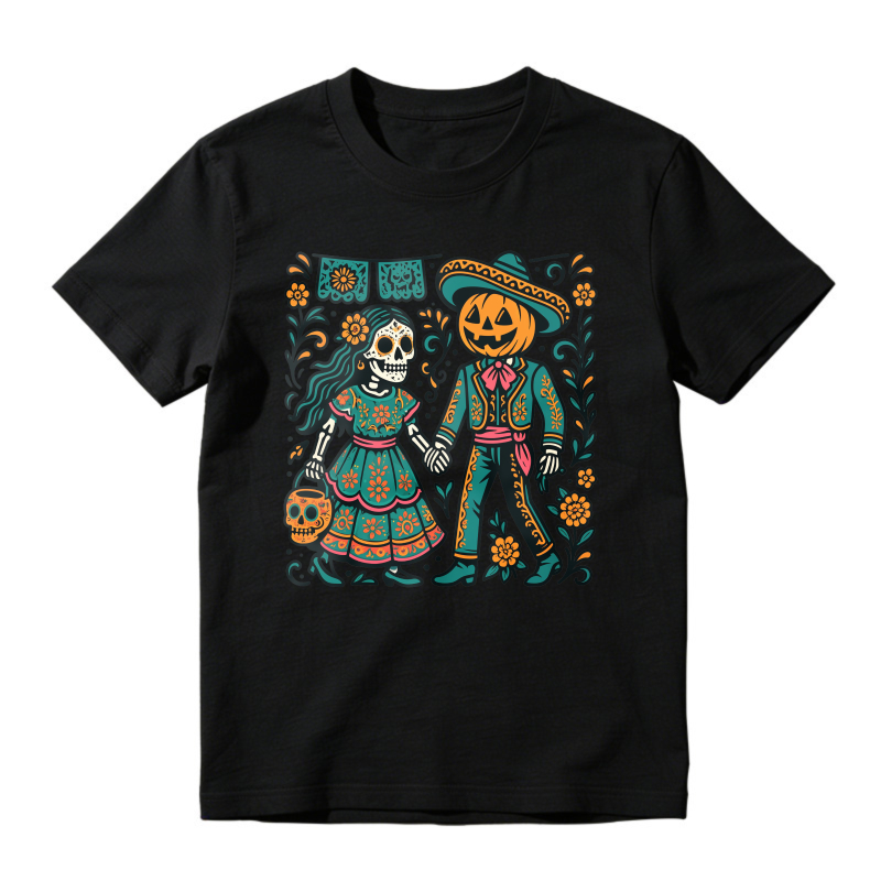 Day Of The Dead Skeleton Couple Pumpkin Head Mariachi Folk Art Unisex Classic T-shirt