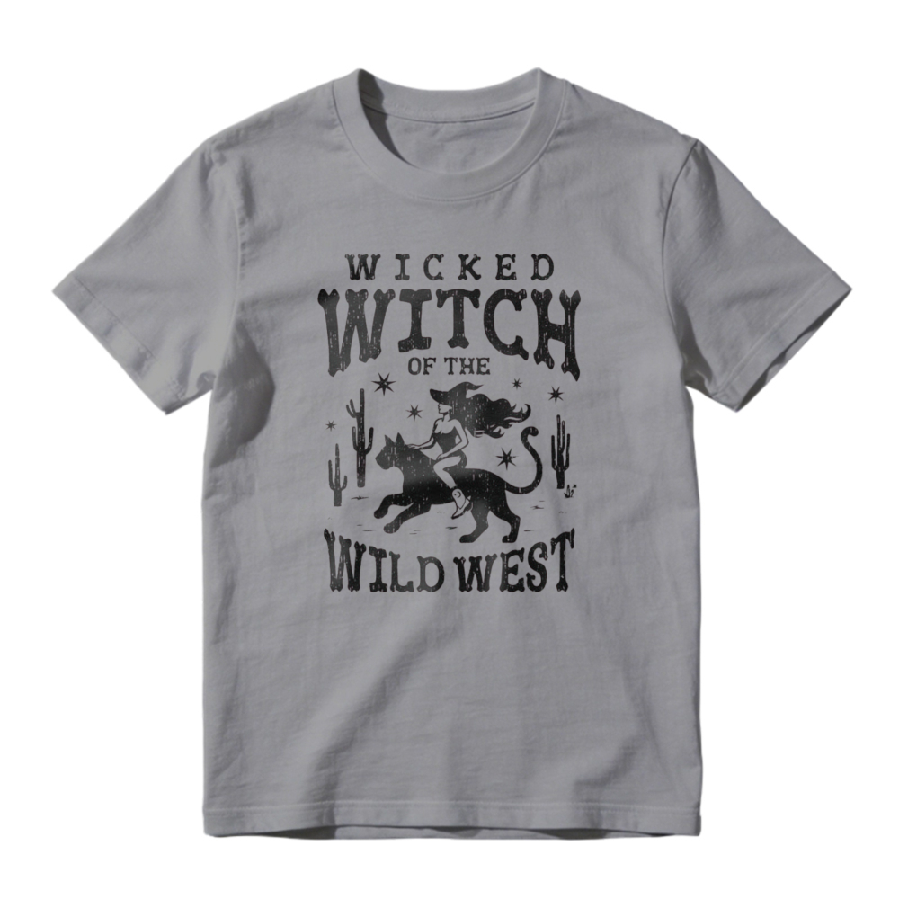 Wicked Witch Of The Wild West Halloween Cowboy Witch Riding Wolf Desert Cactus Graphic T-shirt