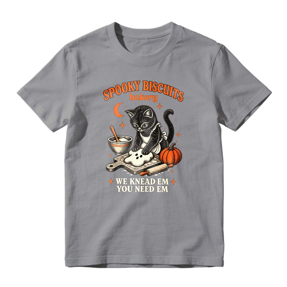 Spooky Biscuits Bakery Black Cat Kneading Dough Pumpkin Halloween Humor, Unisex Classic T-shirt