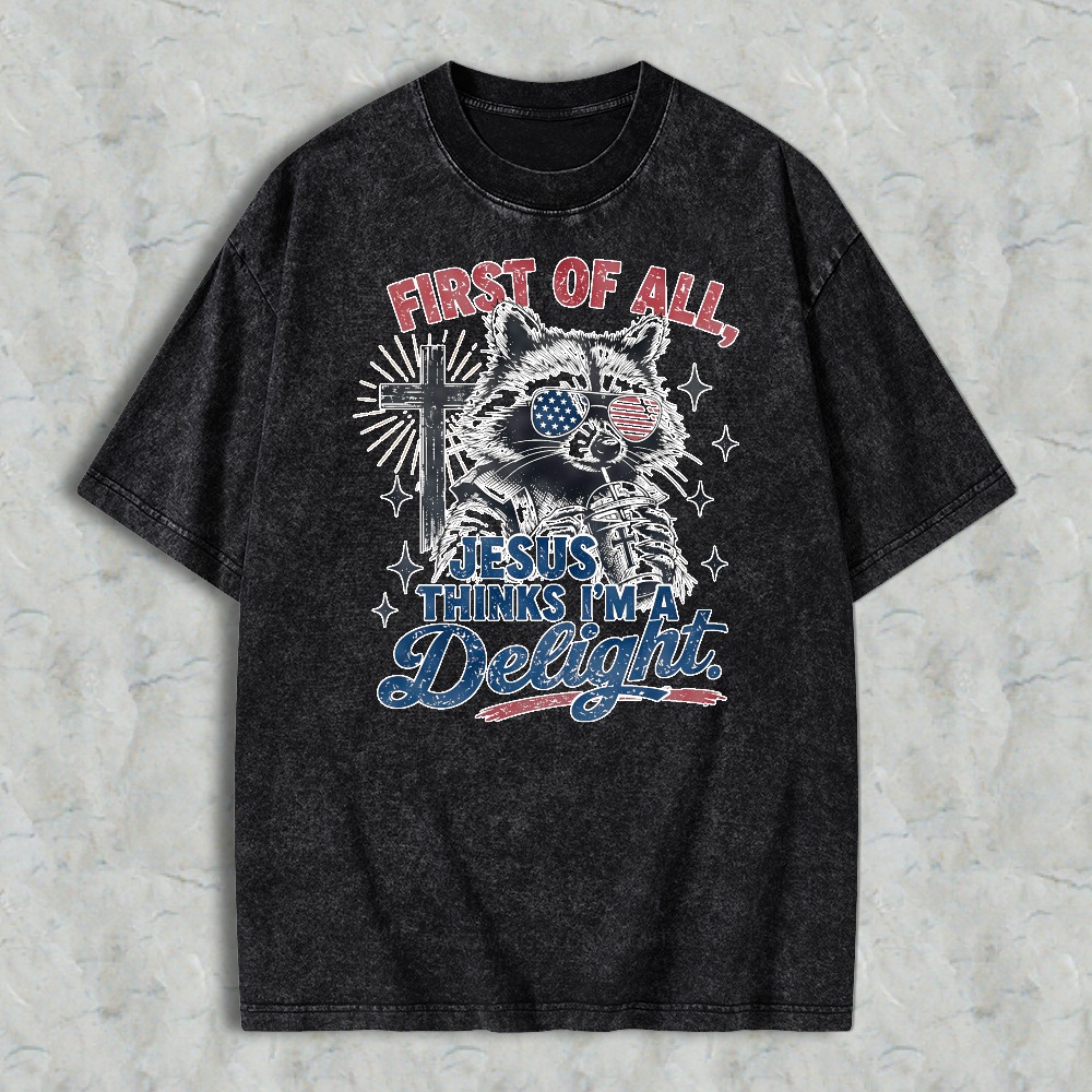 Cat With American Flag Eyes And Cross First Of All Jesus Thinks I M Delight Washed T-shirt