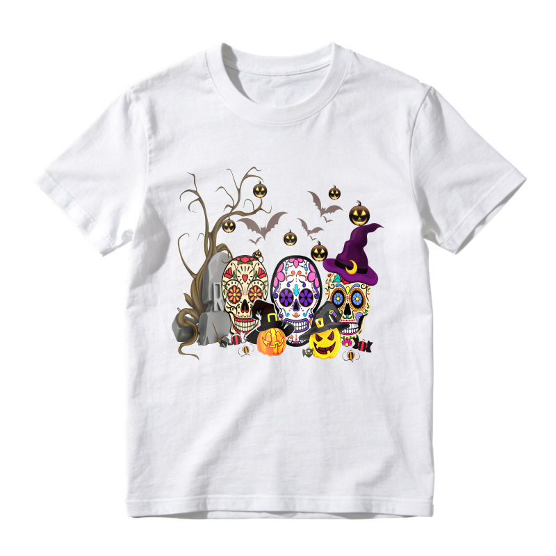 Colorful Sugar Skulls With Witch Hat Pumpkins Bats And Ghosts Halloween Day Of The Dead Unisex Classic T-shirt