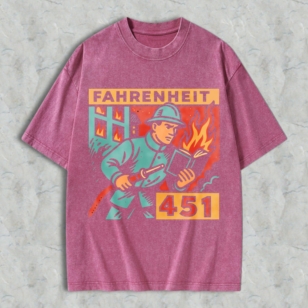 Wardrobecart Fahrenheit 451 Firefighter Holding Book With Flames Pattern Unisex Washed T-shirt