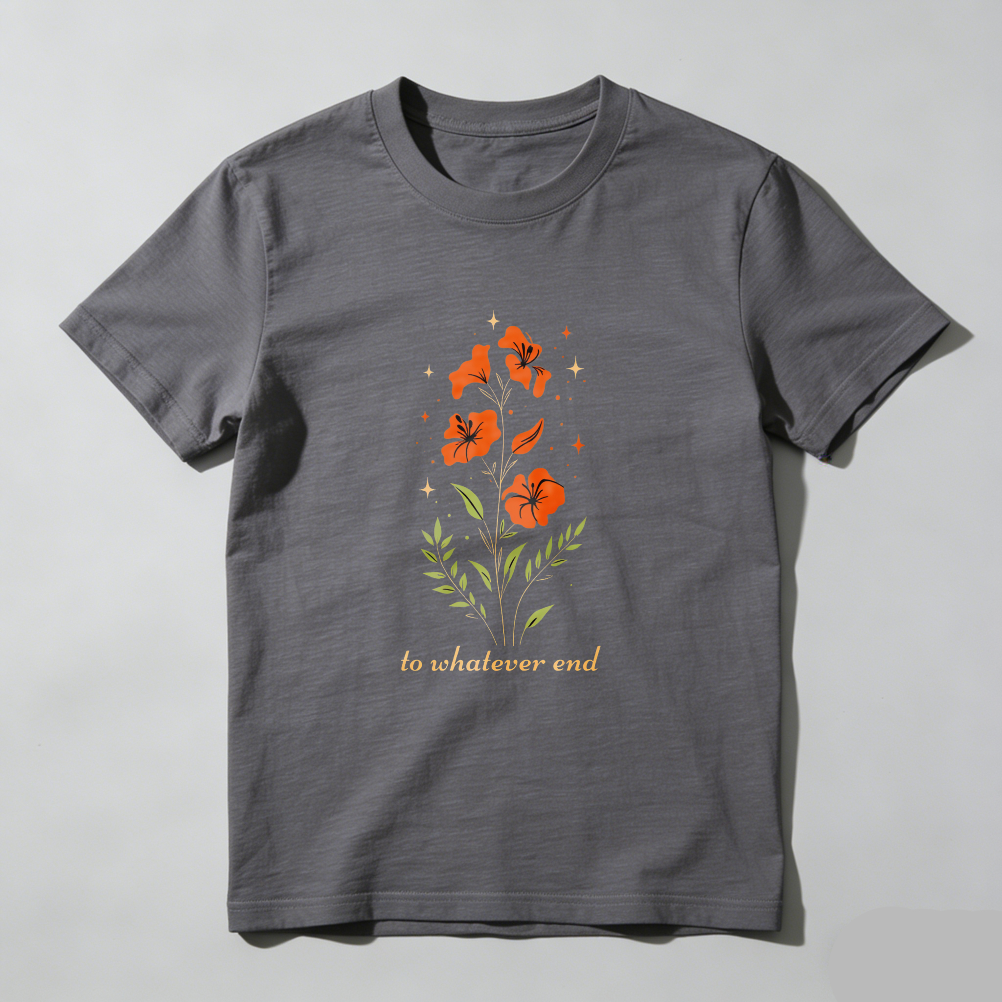 Wardrobecart Orange Flowers With Green Leaves And Stars tshirt