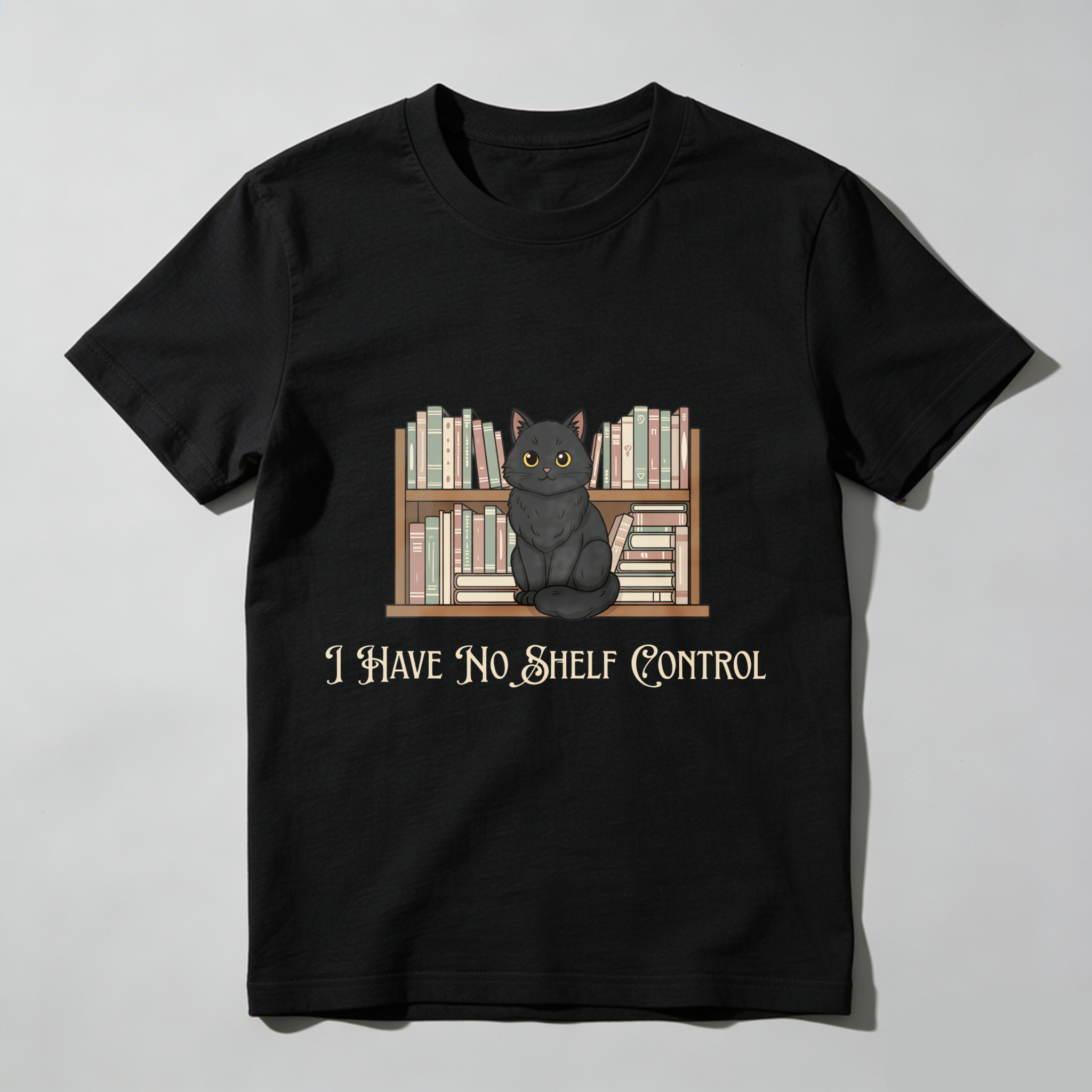 Wardrobecart Black Cat Sitting On Bookshelf I Have No Shelf Control Unisex Classic T-shirt