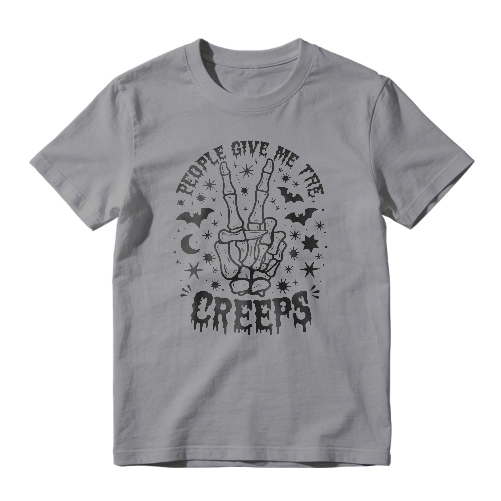 Skeleton Hand Peace Sign, Bats, Stars, Moon, People Give Me The Creeps Text, Unisex Classic T-shirt
