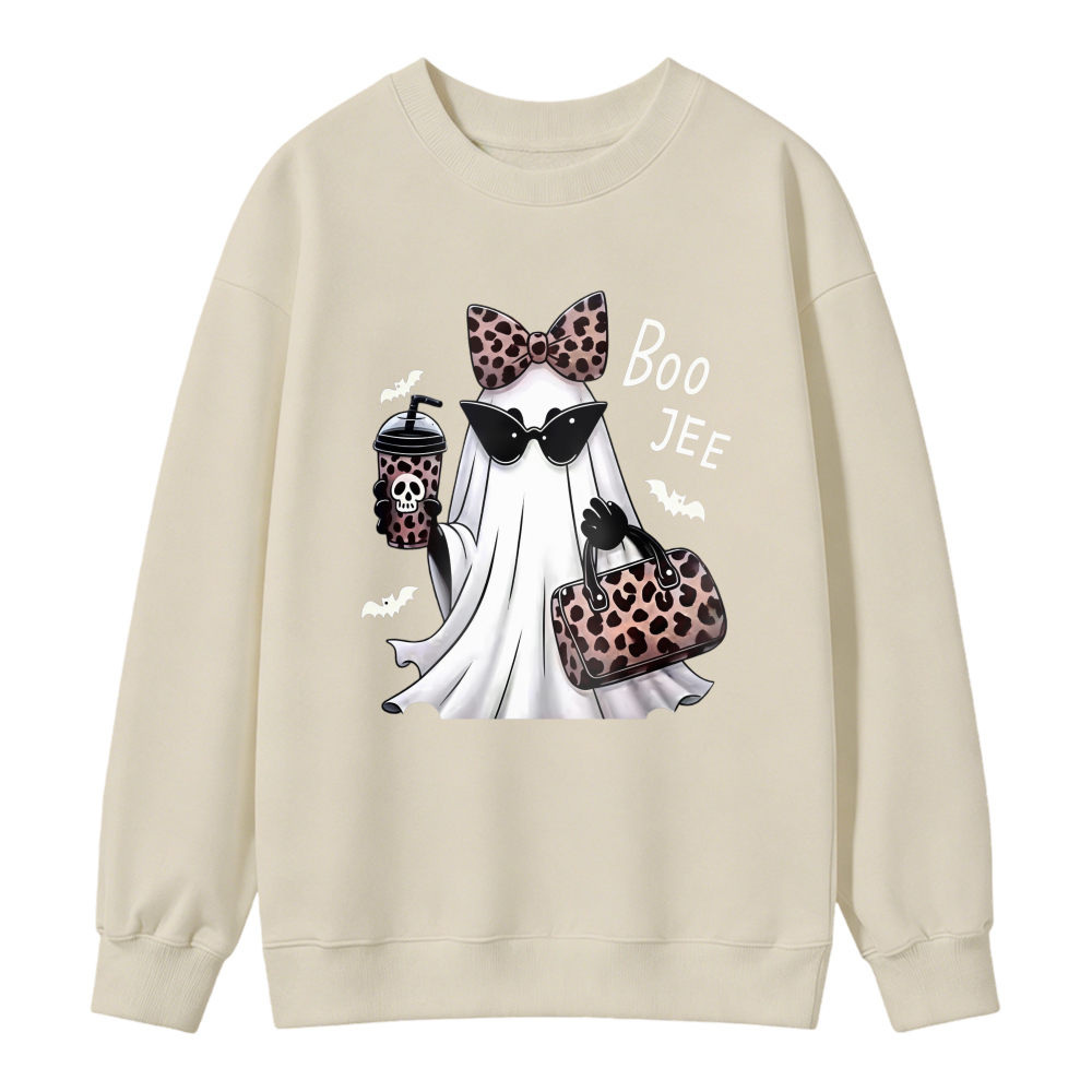 Cute Ghost With Leopard Bow Sunglasses And Coffee Cup Boo Jee Halloween Graphic Sweatshirt