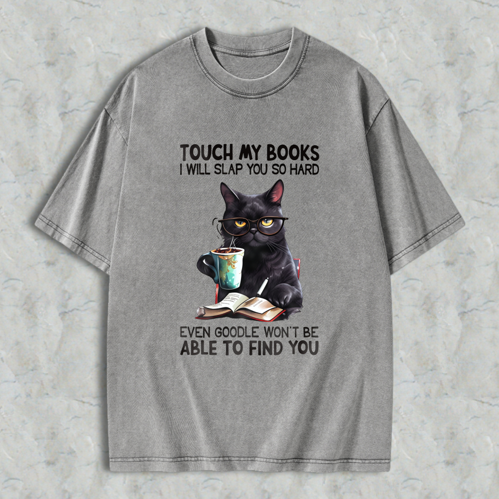 Wardrobecart Black Cat With Glasses Reading Book And Coffee Cup Unisex Washed T-shirt