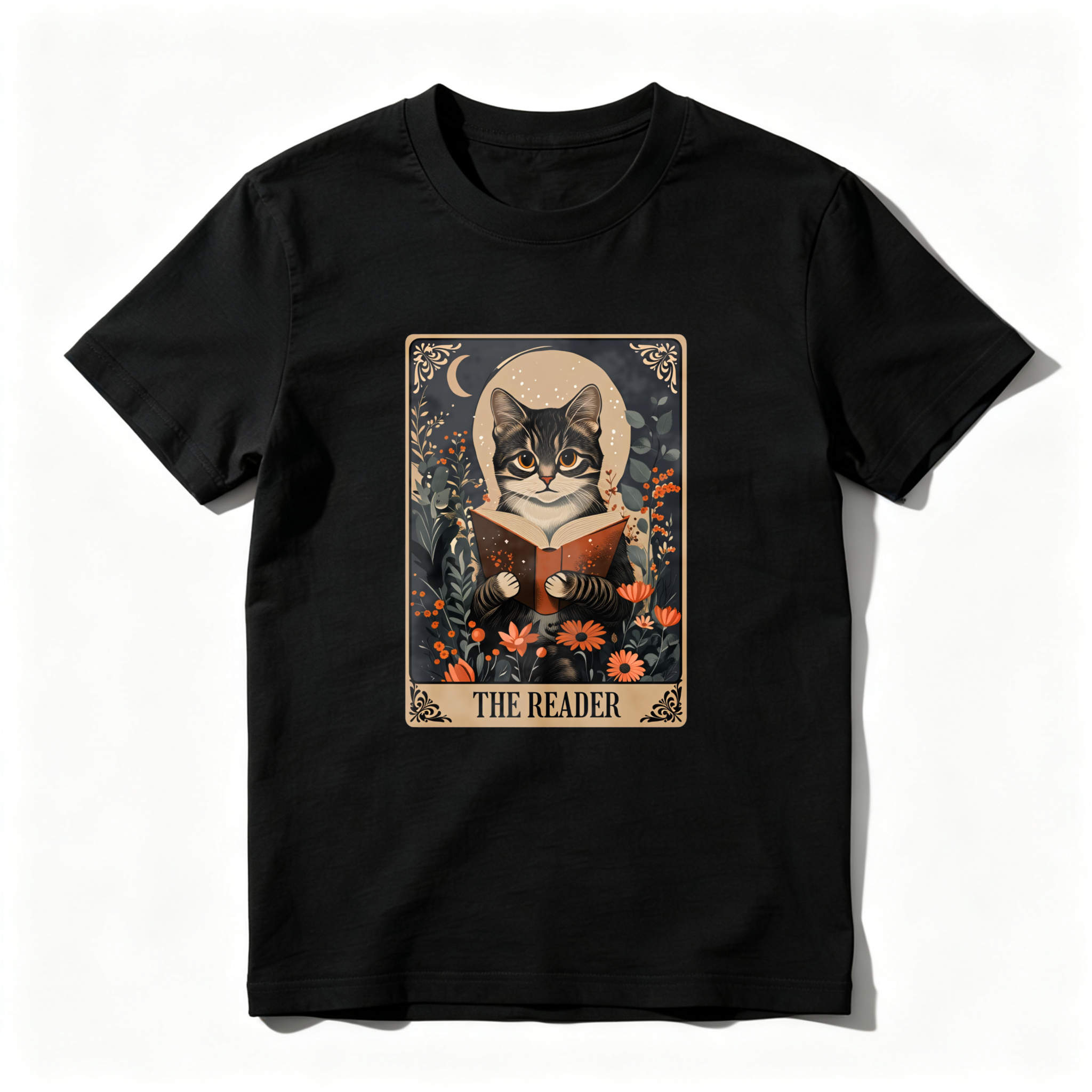 Wardrobecart Cat Reading Book Floral Moon Design Tshirt