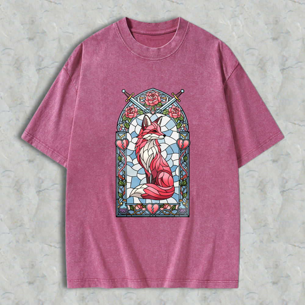 Wardrobecart Stained Glass Fox With Roses And Swords Unisex Washed T-shirt