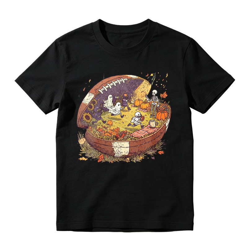 Halloween Football Scene With Ghosts Skeletons And Pumpkins, Unisex Classic T-shirt