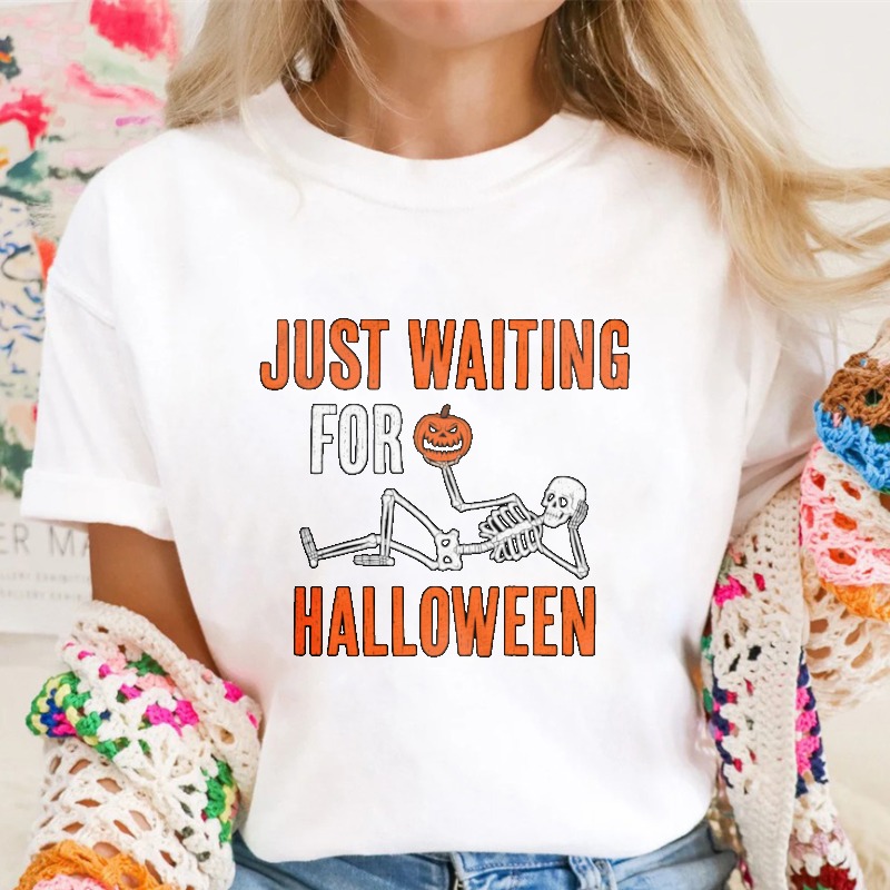 Just Waiting For Halloween Skeleton With Pumpkin T-shirt