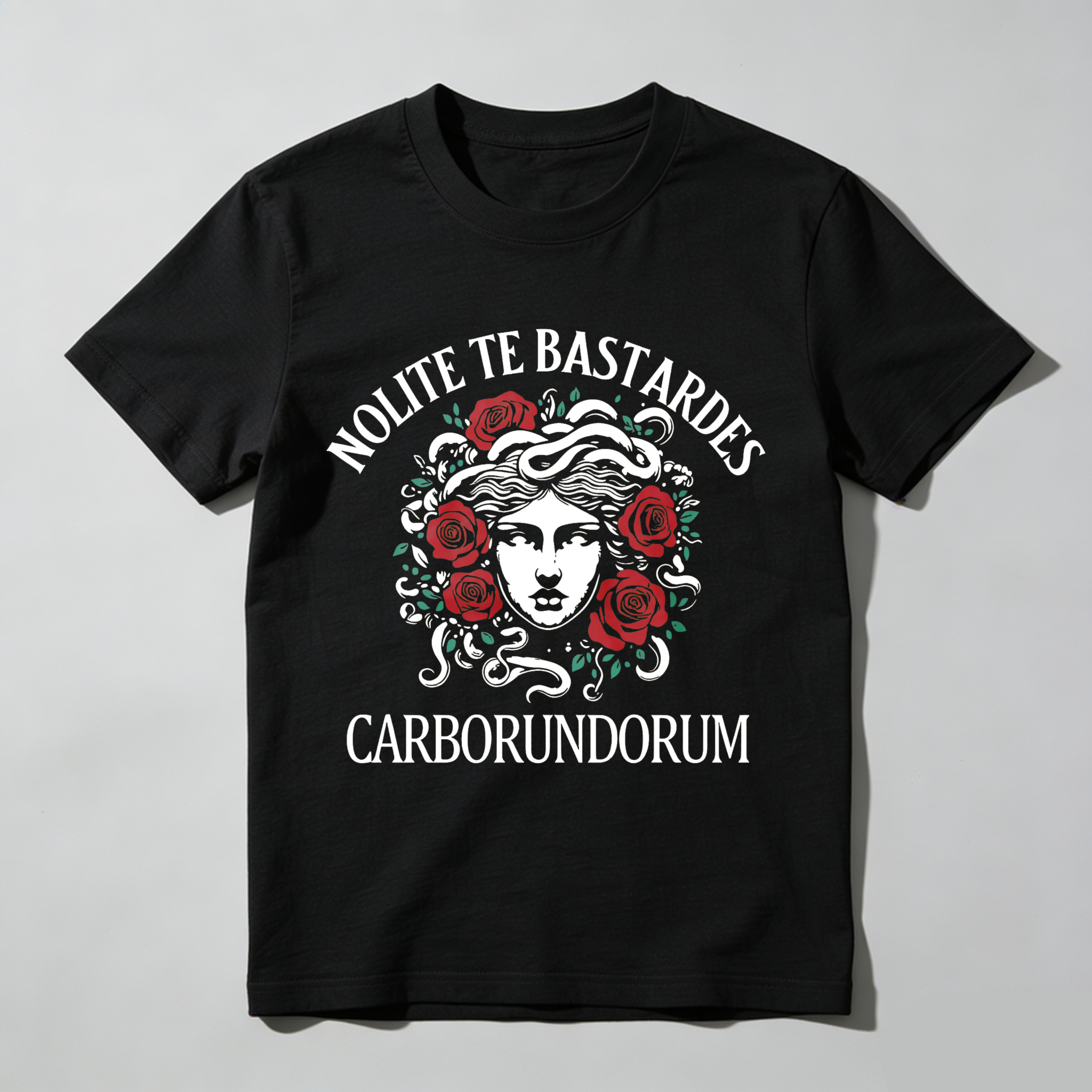 Wardrobecart Nolite Te Bastardes Carborundorum Medusa With Roses And Latin Text Tshirt