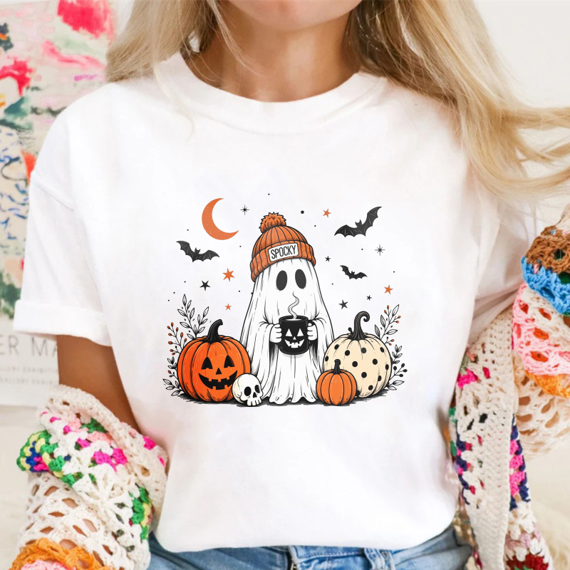 Cute Ghost With Spooky Hat And Pumpkins Halloween Design, Unisex Classic T-shirt
