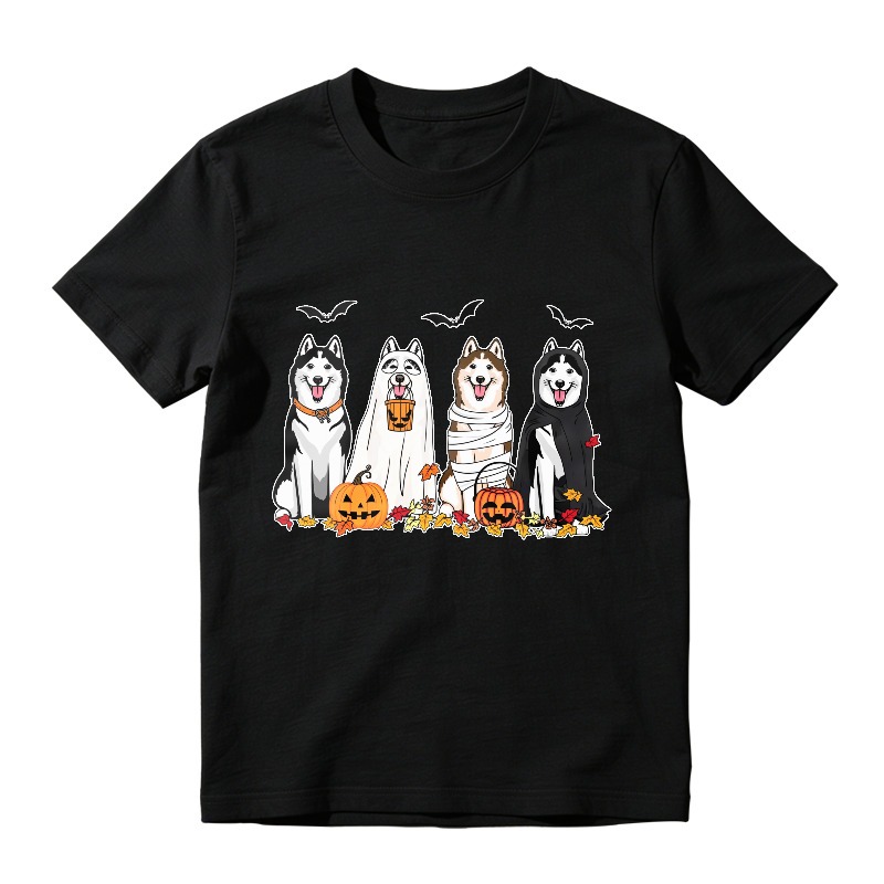 Halloween Husky Dogs In Costumes With Pumpkins And Bats, Unisex Classic T-shirt