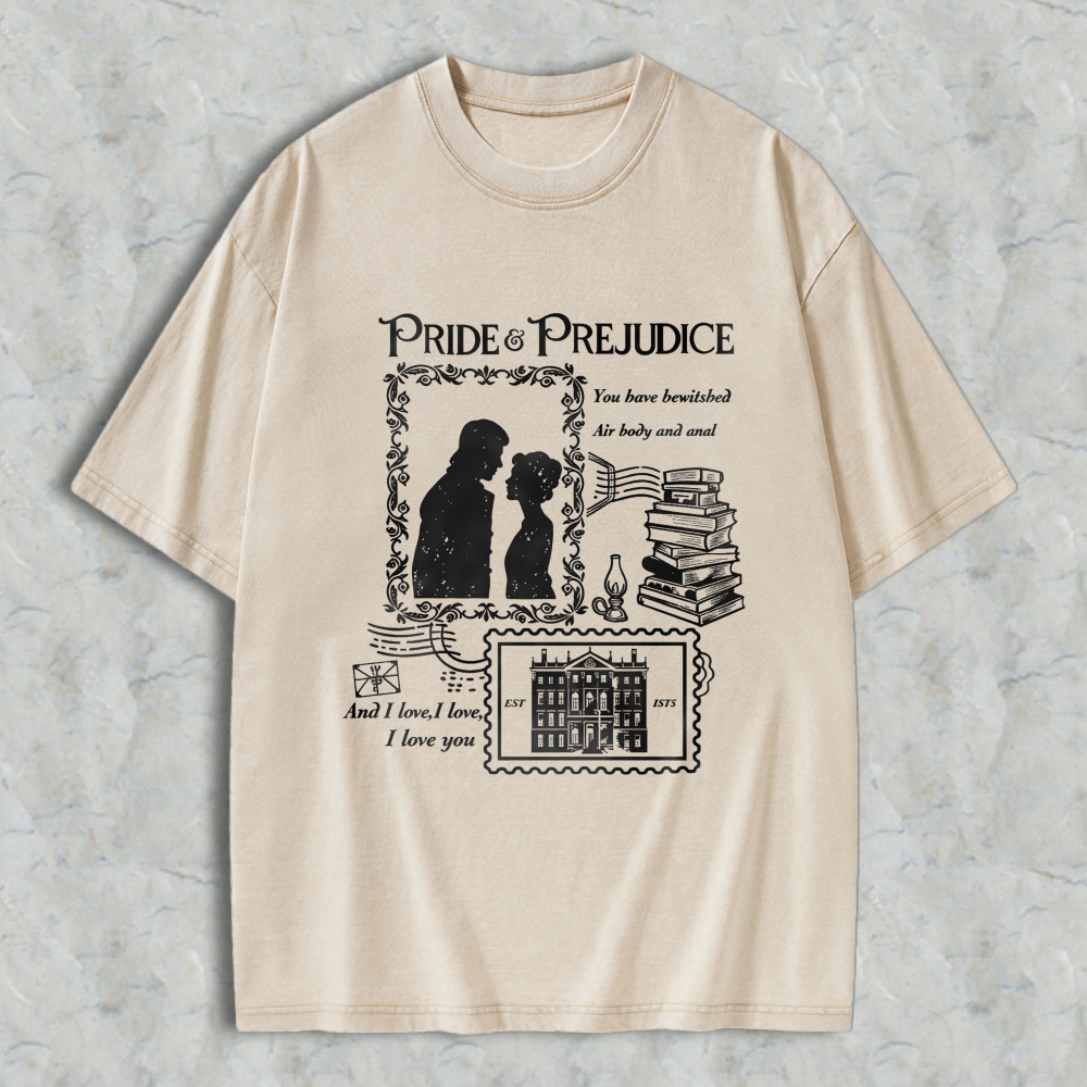 Wardrobecart Pride And Prejudice Literary Romance Quote With Couple Silhouette Books And Mansion Design Unisex Washed T-shirt
