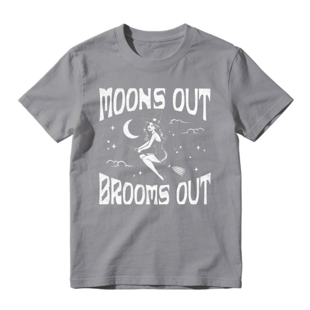 Moons Out Brooms Out Witch Flying On Broomstick Halloween Graphic T-shirt