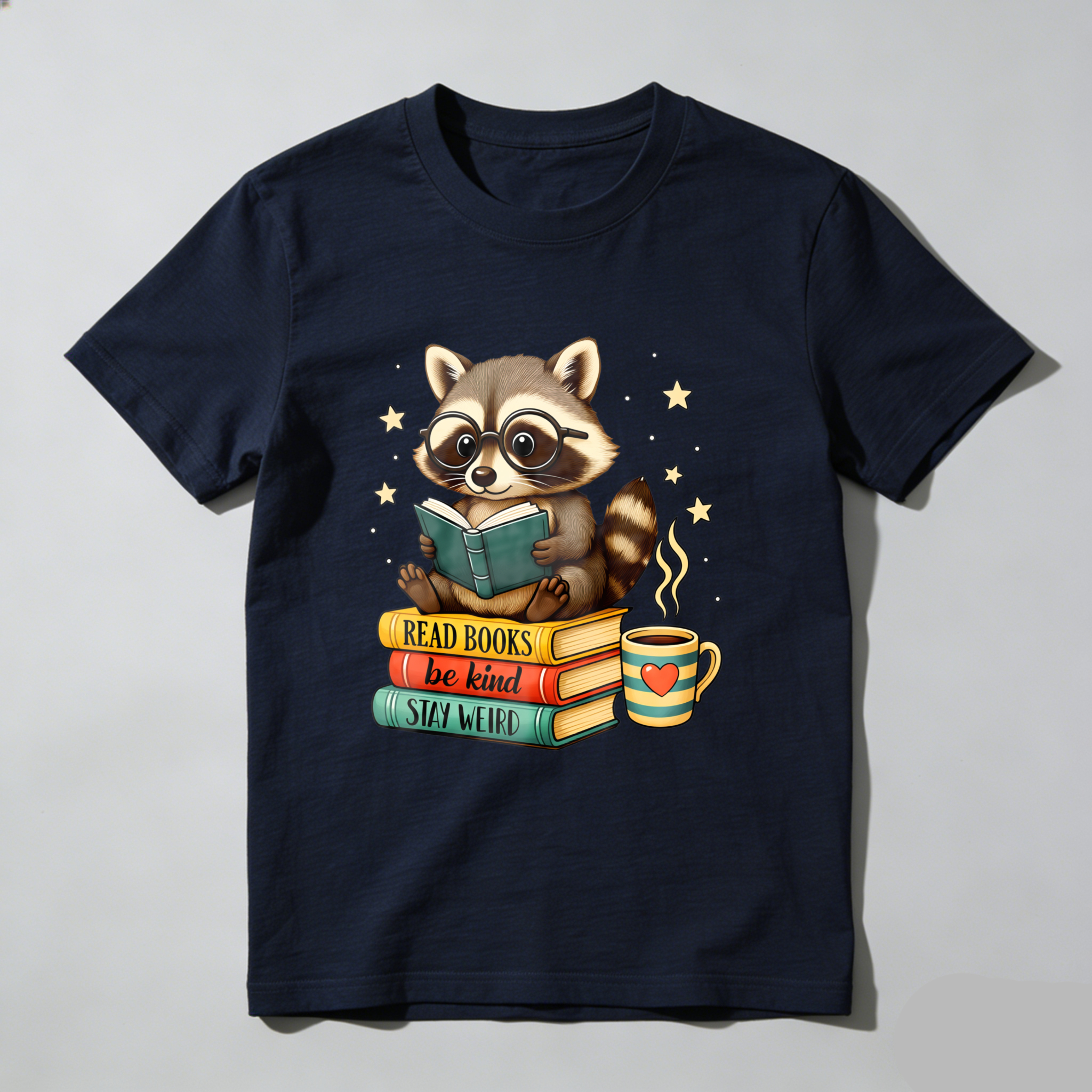 Wardrobecart Raccoon Reading Books With Coffee And Stars Tshirt