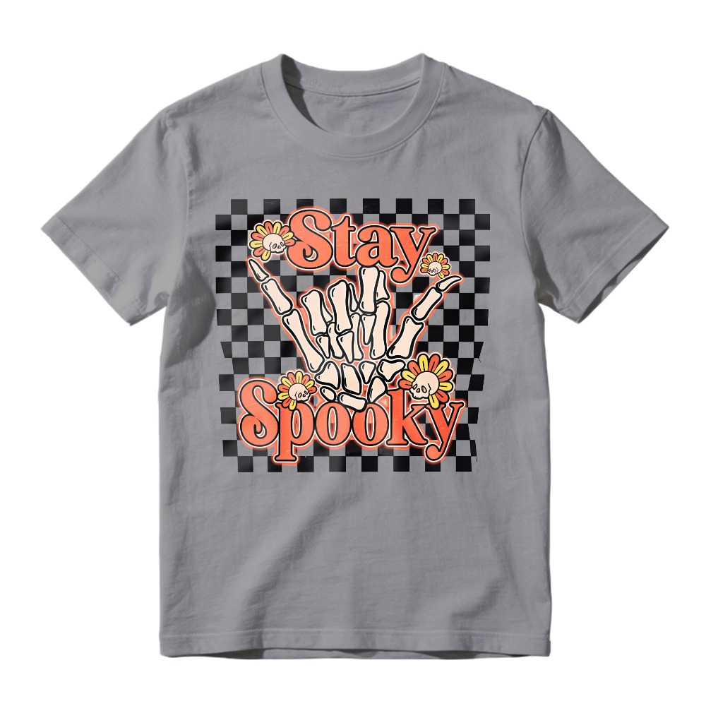 Stay Spooky Skeleton Hand With Flowers On Checkered Background, Unisex Classic T-shirt