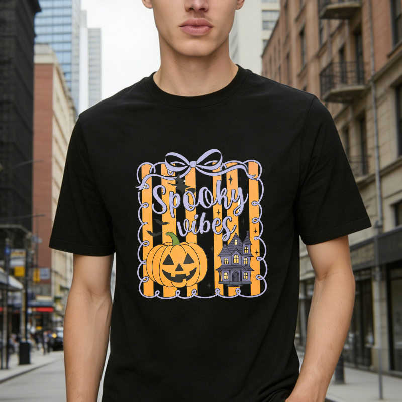 Spooky Vibes Pumpkin And Haunted House Halloween Graphic, Unisex Classic T-shirt