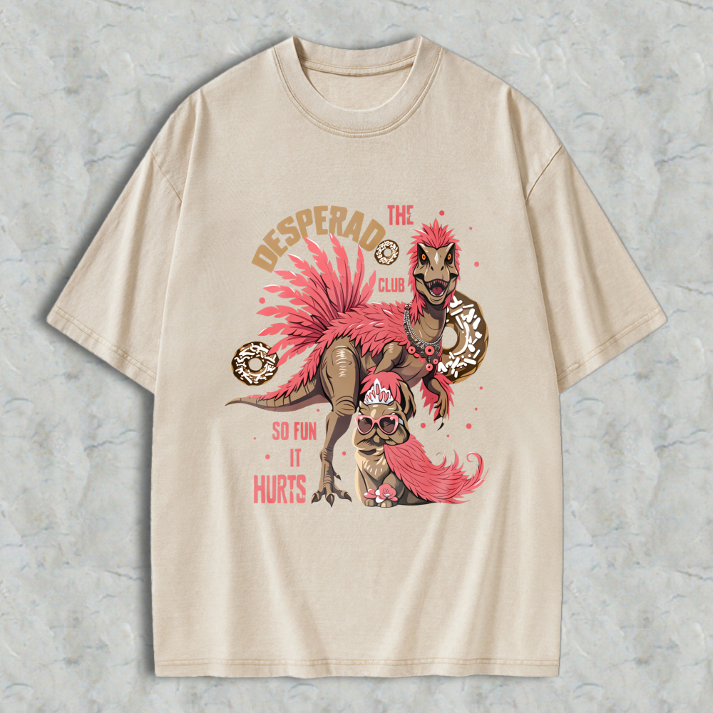Wardrobecart Desperado Club Dinosaur With Donuts And Pink Hair Unisex Washed T-shirt