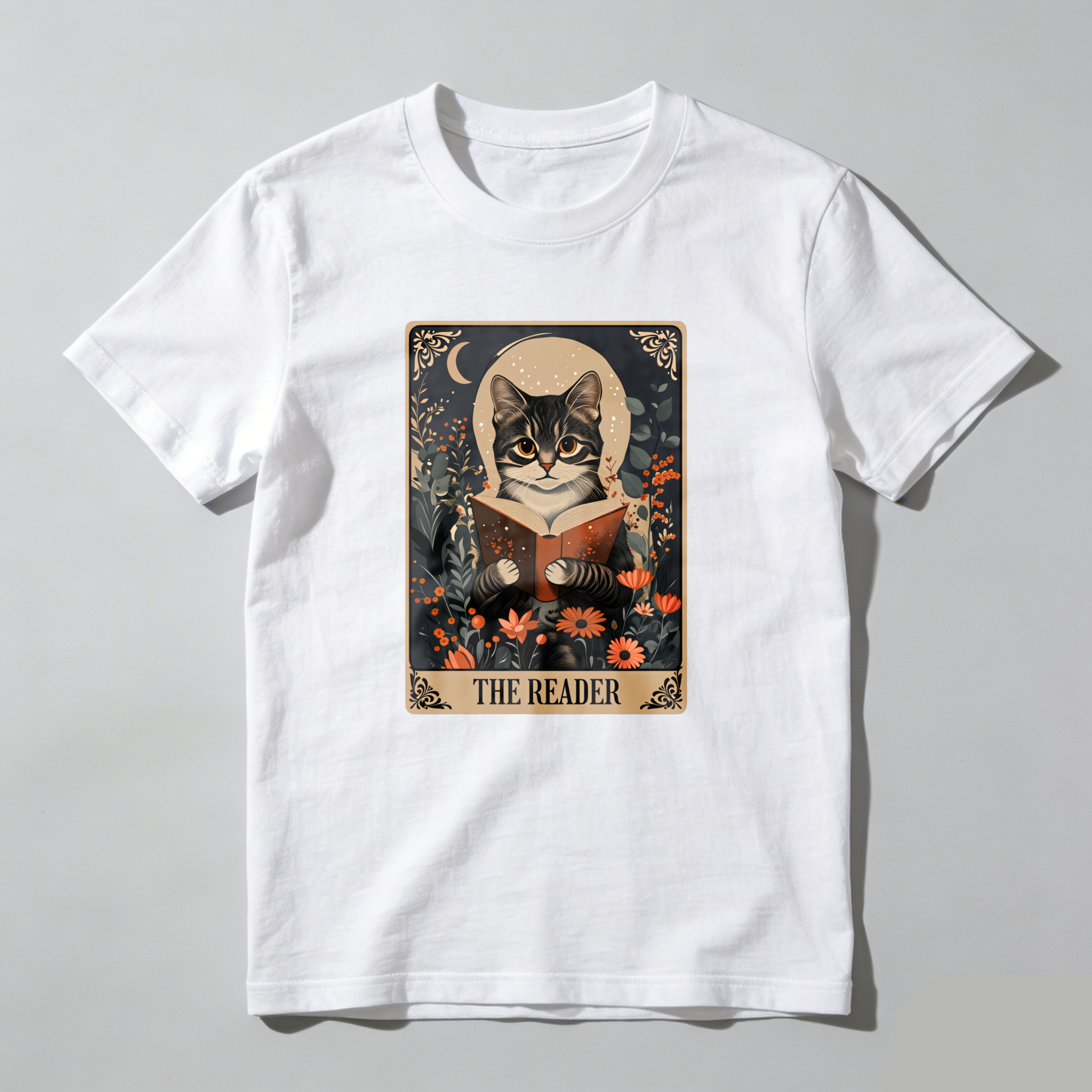 Wardrobecart Cat Reading Book Floral Moon Design Tshirt