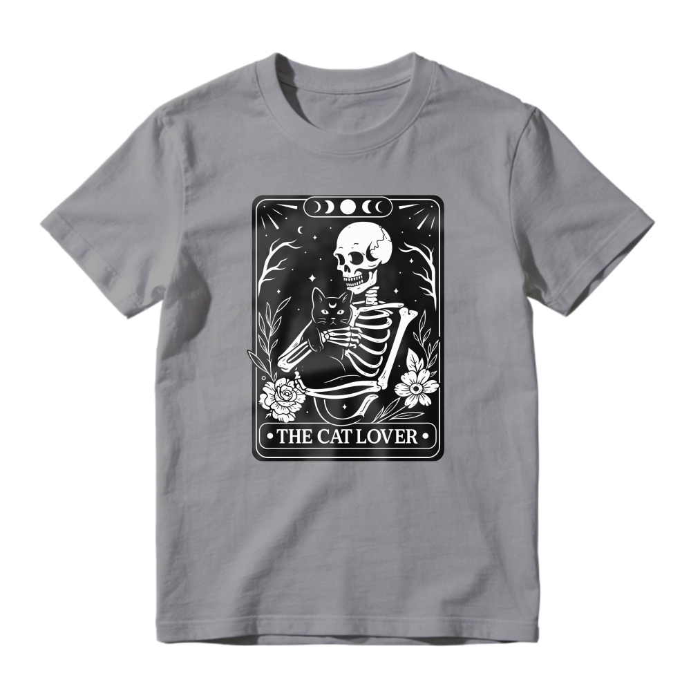 Skeleton Holding Black Cat, The Cat Lover, Moon Phases And Flowers, Unisex Classic T-shirt