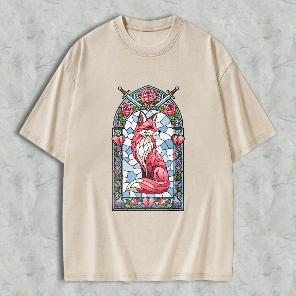 Wardrobecart Stained Glass Fox With Roses And Swords Unisex Washed T-shirt