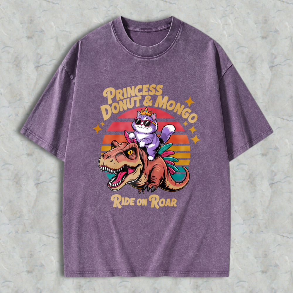 Wardrobecart Princess Donut And Mongo Ride On Roar Cat Riding Dinosaur Vintage Sunset Design Unisex Washed T-shirt