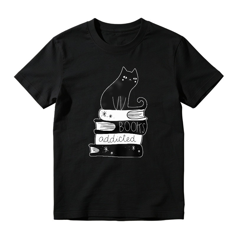 Cat Sitting On Stack Of Books With Books Addicted Text, Unisex Classic T-shirt
