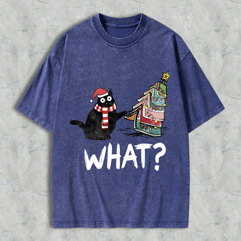 Wardrobecart Cartoon Cat Wearing Santa Hat And Scarf Standing Next To A Christmas Tree With A Star On Top What Question Mark Unisex Washed T-shirt