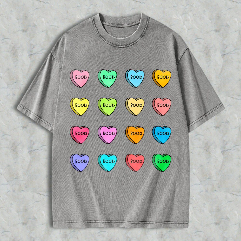 Wardrobecart Colorful Heart Candy Pattern With Book Text Unisex Washed T-shirt