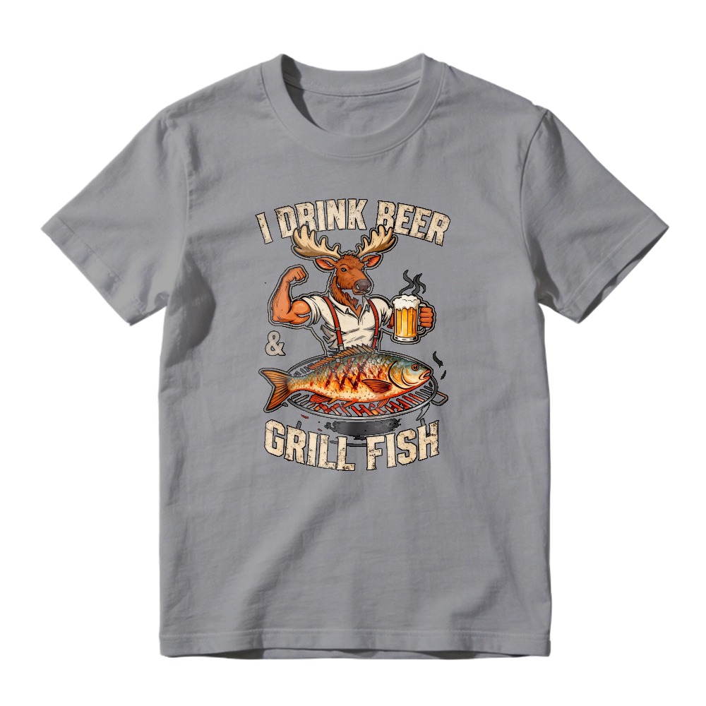 I Drink Beer And Grill Fish Moose With Beer Mug And Grilled Fish Unisex Classic T-shirt