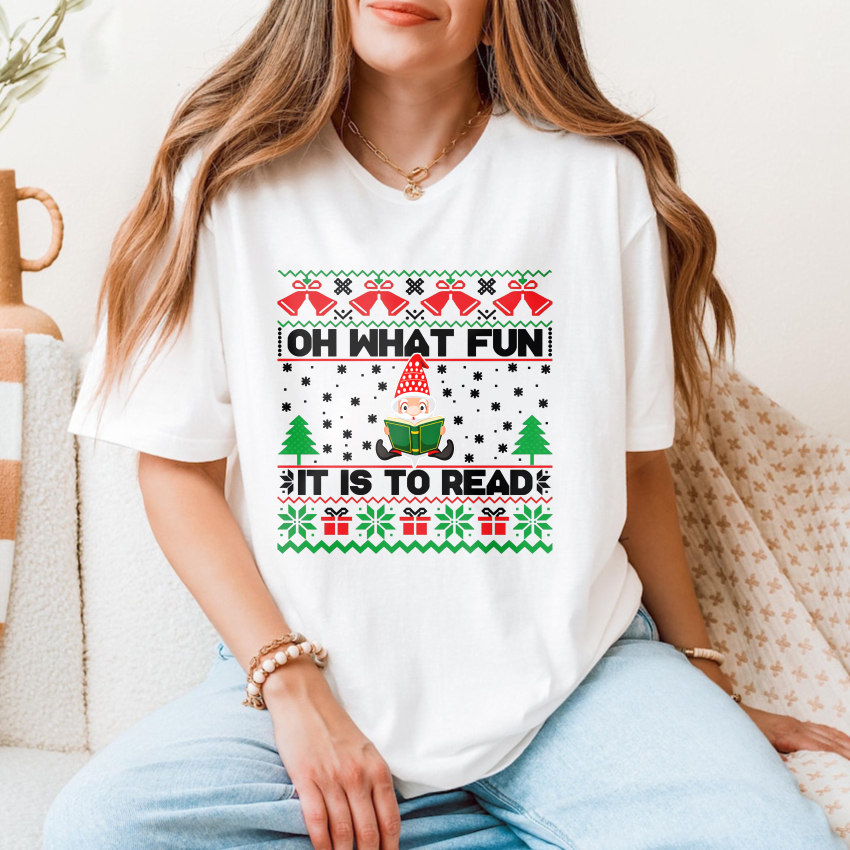 Wardrobecart Elf Reading Book Christmas Pattern Tshirt
