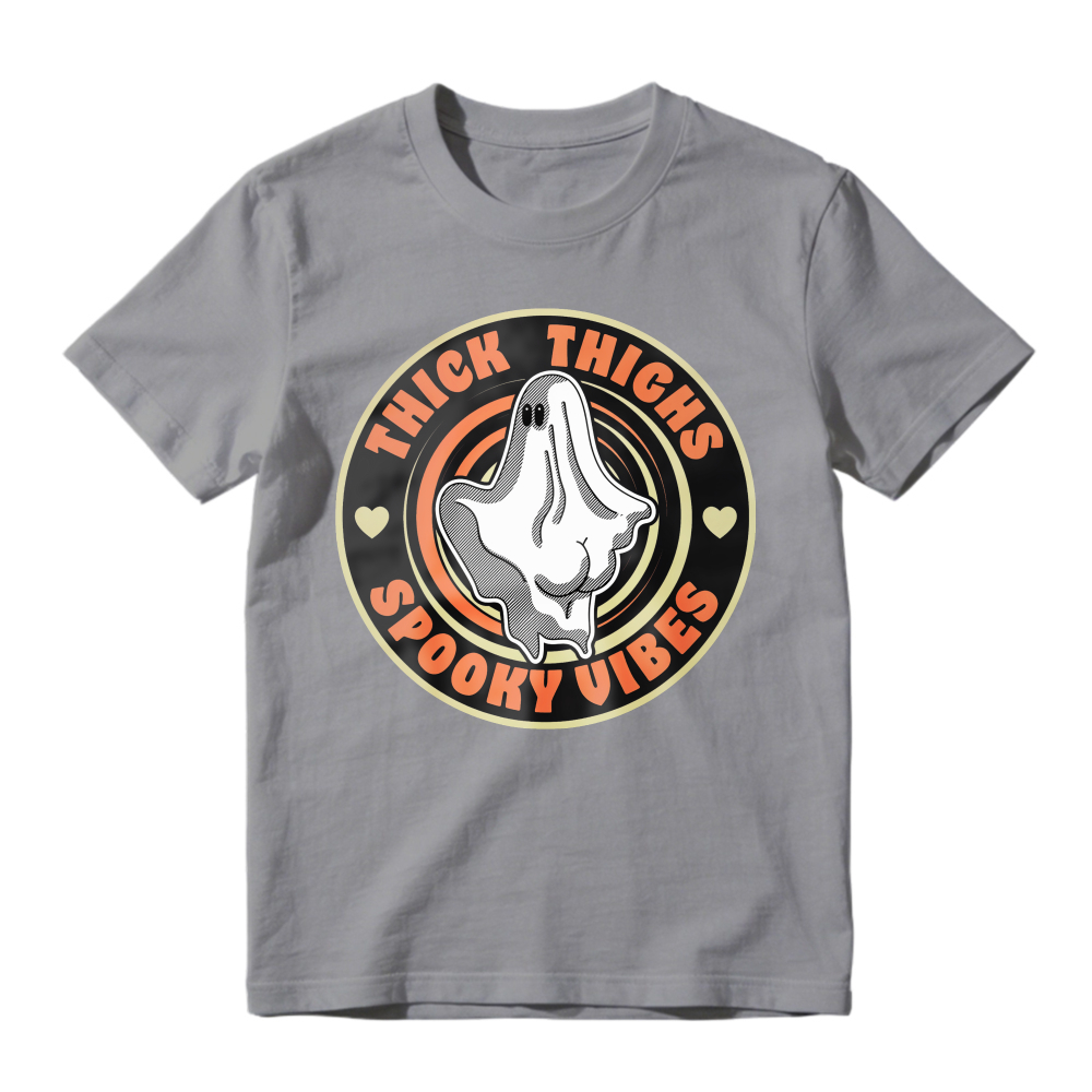 Thick Thighs Spooky Vibes Ghost Halloween Retro Circle, Unisex Classic T-shirt