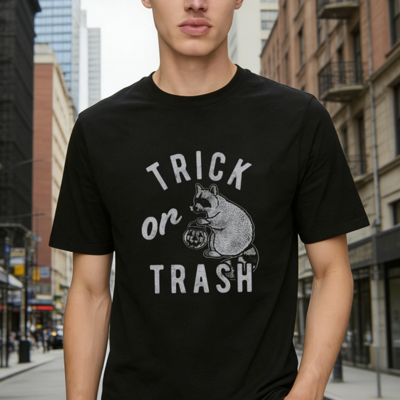 Trick Or Trash Raccoon Holding Pumpkin Halloween Funny Graphic T-shirt