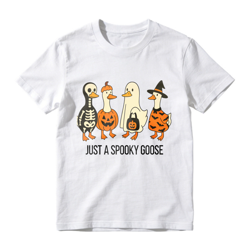 Halloween Four Geese In Skeleton Pumpkin Witch Costumes With Just A Spooky Goose Text, Unisex Classic T-shirt