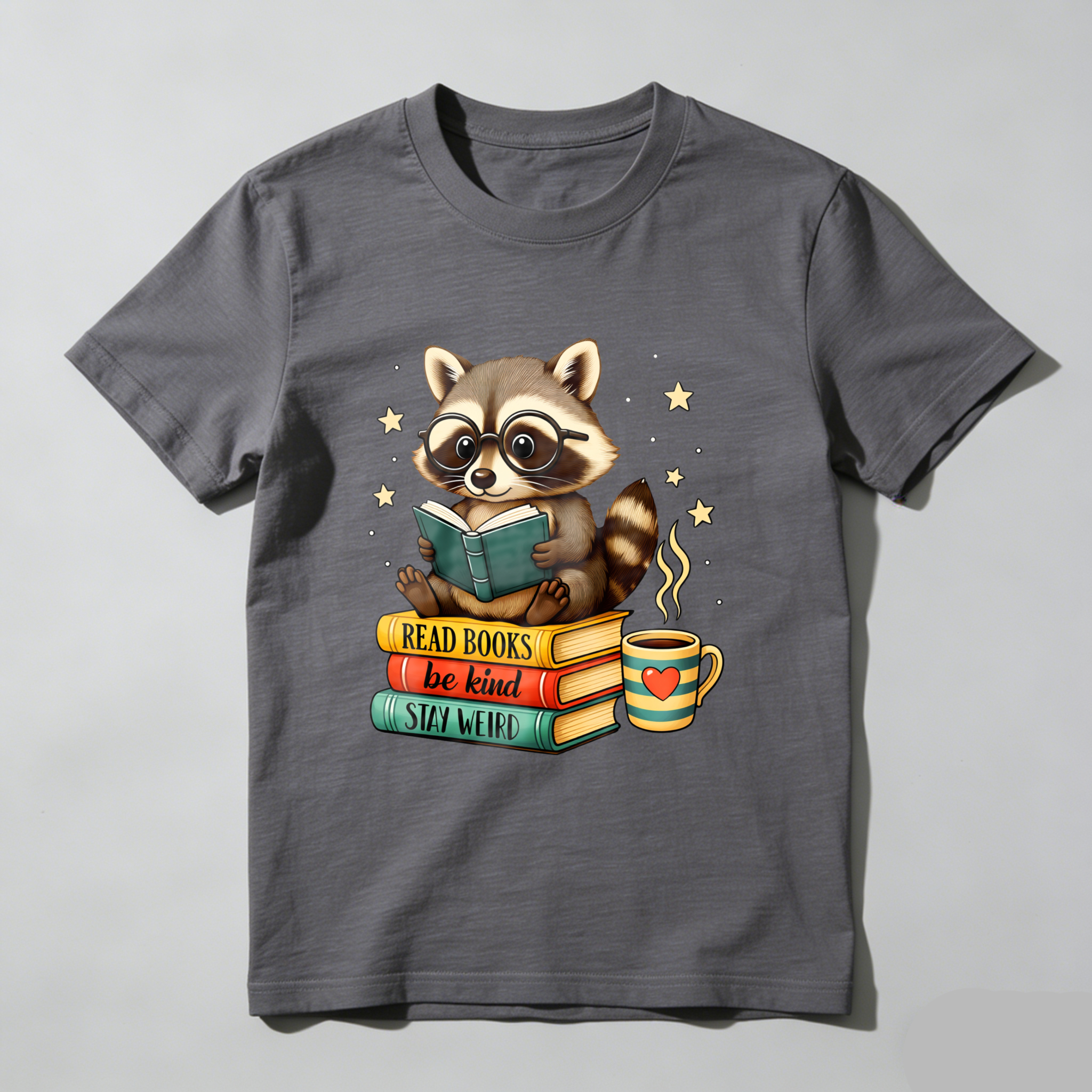 Wardrobecart Raccoon Reading Books With Coffee And Stars Tshirt