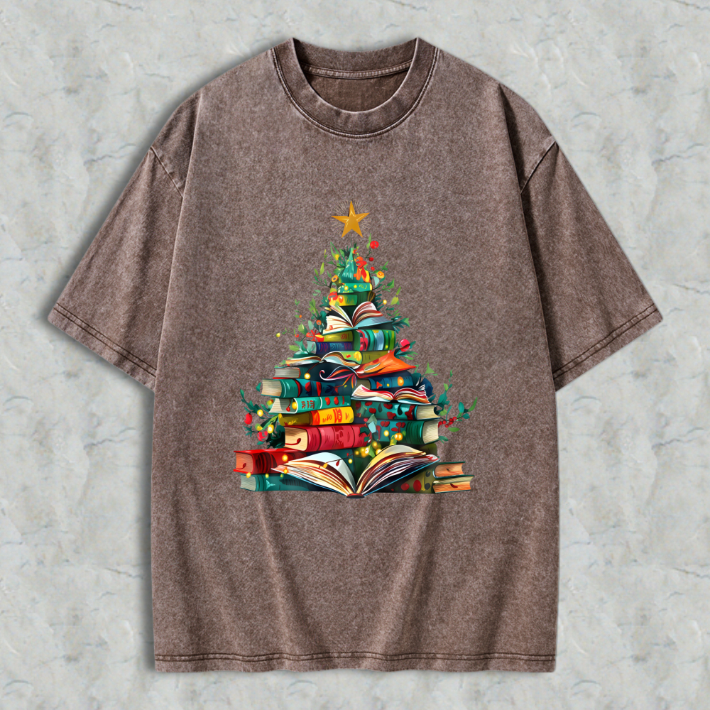 Wardrobecart Book Christmas Tree Design Unisex Washed T-shirt