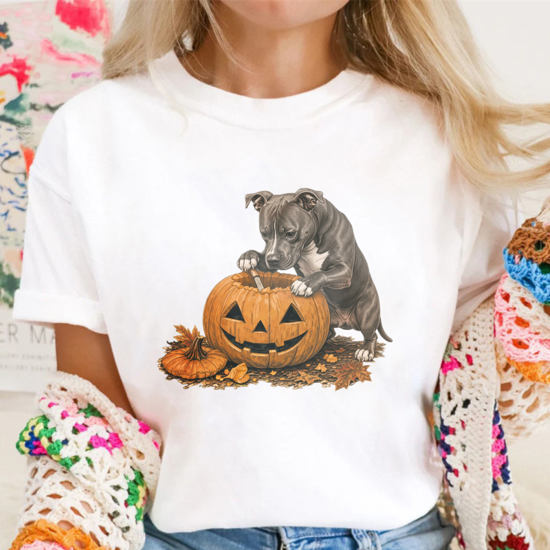 Pitbull Puppy With Jack O Lantern Pumpkin Halloween Autumn Leaves, Unisex Classic T-shirt