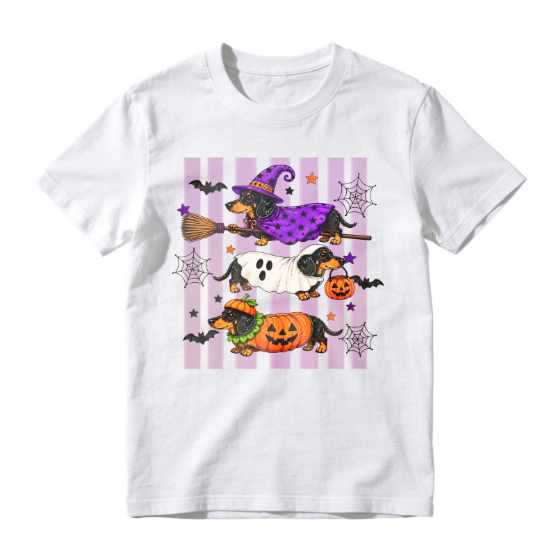 Halloween Dachshund Witch Ghost Pumpkin Dog Striped Background, Unisex Classic T-shirt