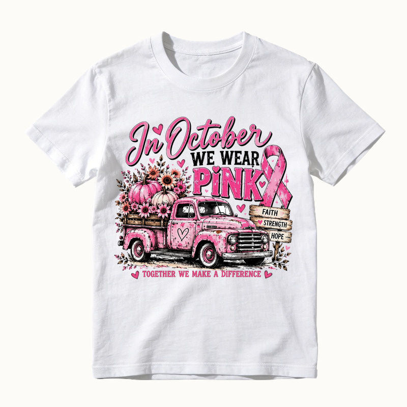 Women's Breast Cancer Awareness Graphic T-Shirt, Pink Ribbon Vintage Truck with Pumpkins and Fall Floral Print Shirt