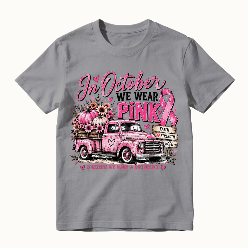 Women's Breast Cancer Awareness Graphic T-Shirt, Pink Ribbon Vintage Truck with Pumpkins and Fall Floral Print Shirt