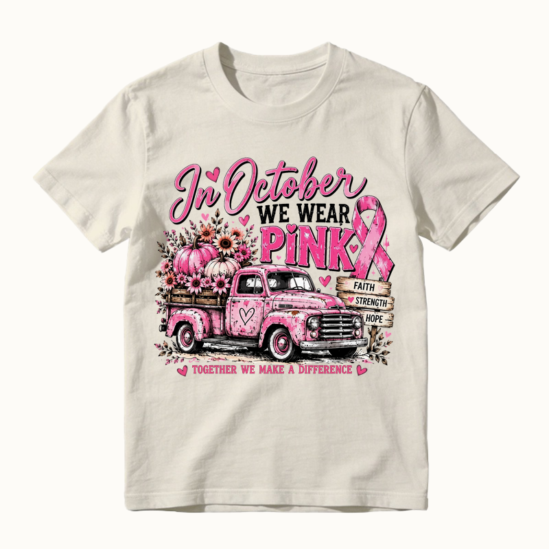 Women's Breast Cancer Awareness Graphic T-Shirt, Pink Ribbon Vintage Truck with Pumpkins and Fall Floral Print Shirt