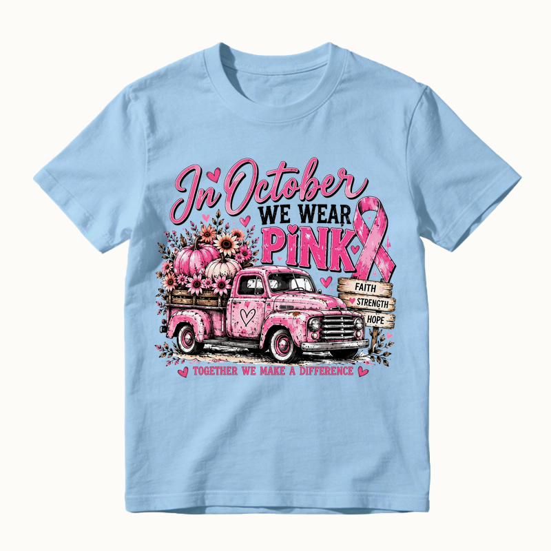 Women's Breast Cancer Awareness Graphic T-Shirt, Pink Ribbon Vintage Truck with Pumpkins and Fall Floral Print Shirt